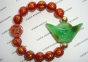 Green Jade Ingot & I-Ching Coin with 12mm Red Agate Mantra Bracelet