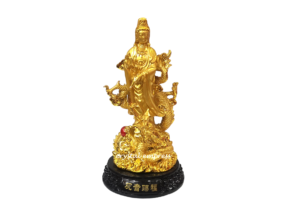 13 inch Standing Gold Goddess of Mercy Kuan Yin with Celestial Dragon