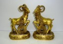 Pair of Brass Wealth Goat / Sheep Carrying Lucky Coins