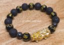 Gold (Plated) Pi Yao Bracelet with 10mm Black Onyx Mantra & Lava Rock