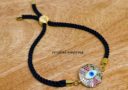 Bejeweled Round Evil Eye Adjustable Rope Bracelet (Black)