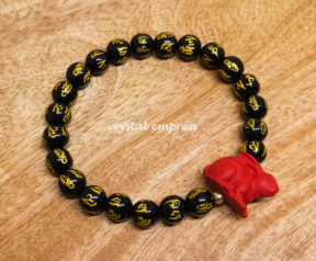 Black Onyx Mantra with Red Cinnabar Rabbit Bracelet