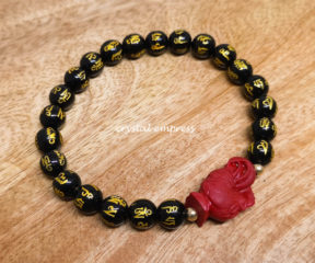 Black Onyx Mantra with Red Cinnabar Rooster Bracelet
