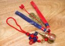 Yin Yang Brass Wu Lou Tassel with Five Emperor Coins (Red and Blue)