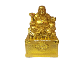 9 inch Gold Laughing Buddha on Treasure Chest
