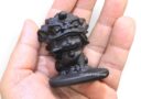 Matte Black Obsidian Fortune Cat in Lion Dance Costume (Maneki Neko Lion Dancer) Pocket Statue